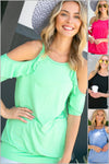 Cindy Ruffle Sleeve & Cold Shoulder Top in Mint Green, Rasberry, Black, & Indigo