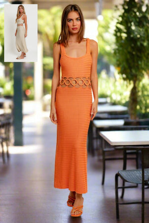 Boho Flair Cut Out Crochet Midi Dress in Orange & Cream