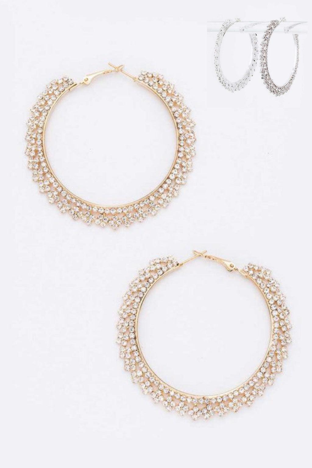 Indelible Rhinestone Hoop Earrings in Gold/Clear & Silver/Clear