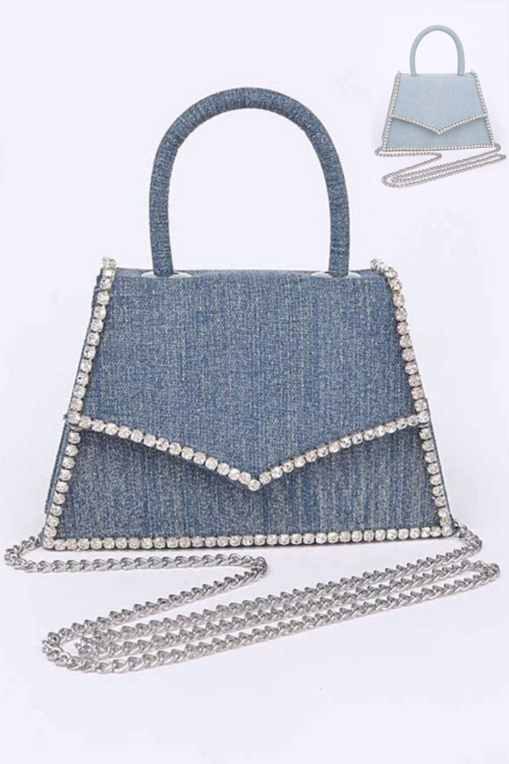 Adorned with Rhinestones Denim Top Handle Clutch Bag in Dark Blue & Light Blue