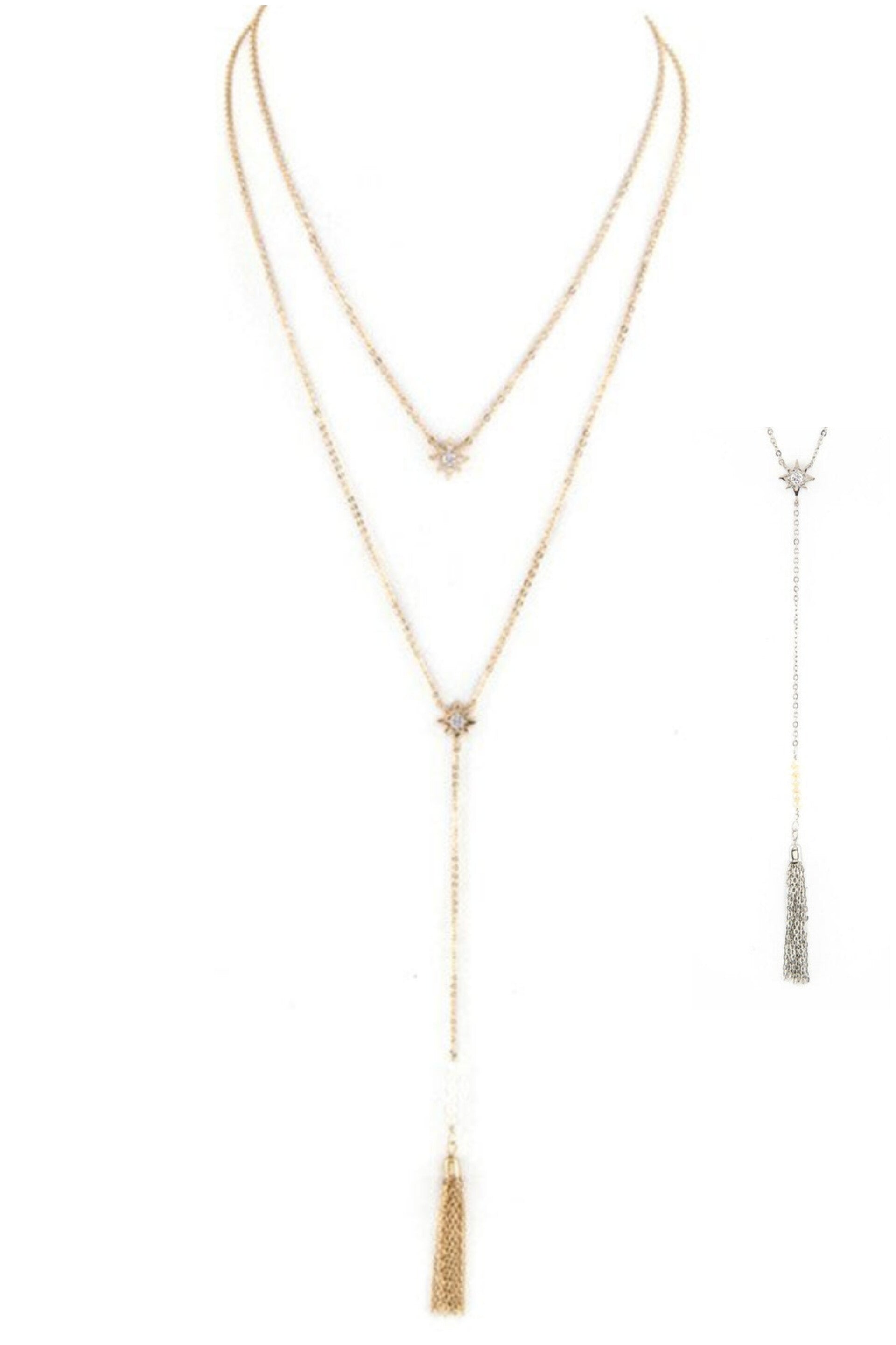 Wish Upon a Crystal Star & Tassel Drop Layer Necklace in Gold & Rhodium