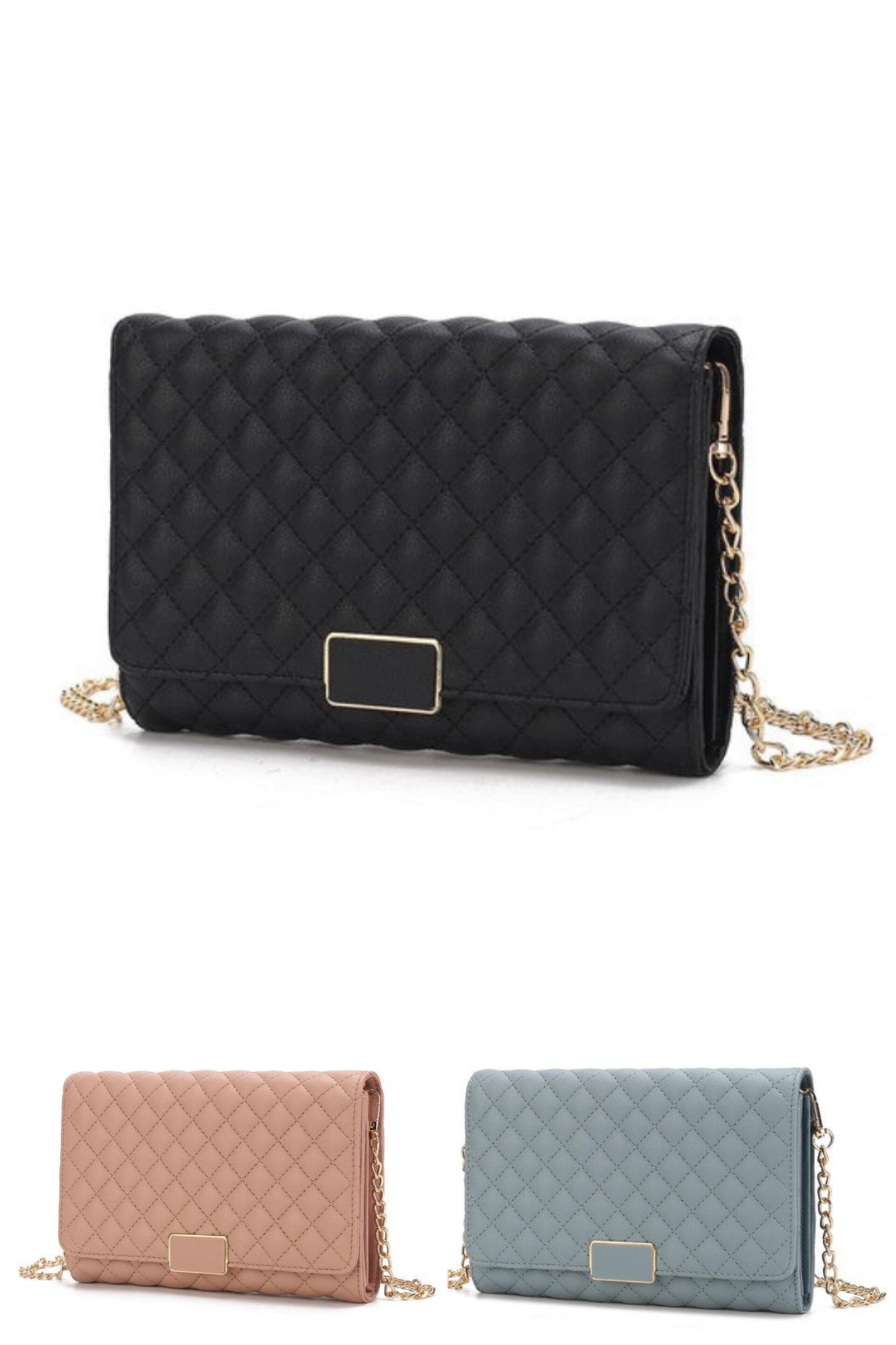 Isra Quilted Envelope Clutch Crossbody Bag in Black, Blush, & Denim