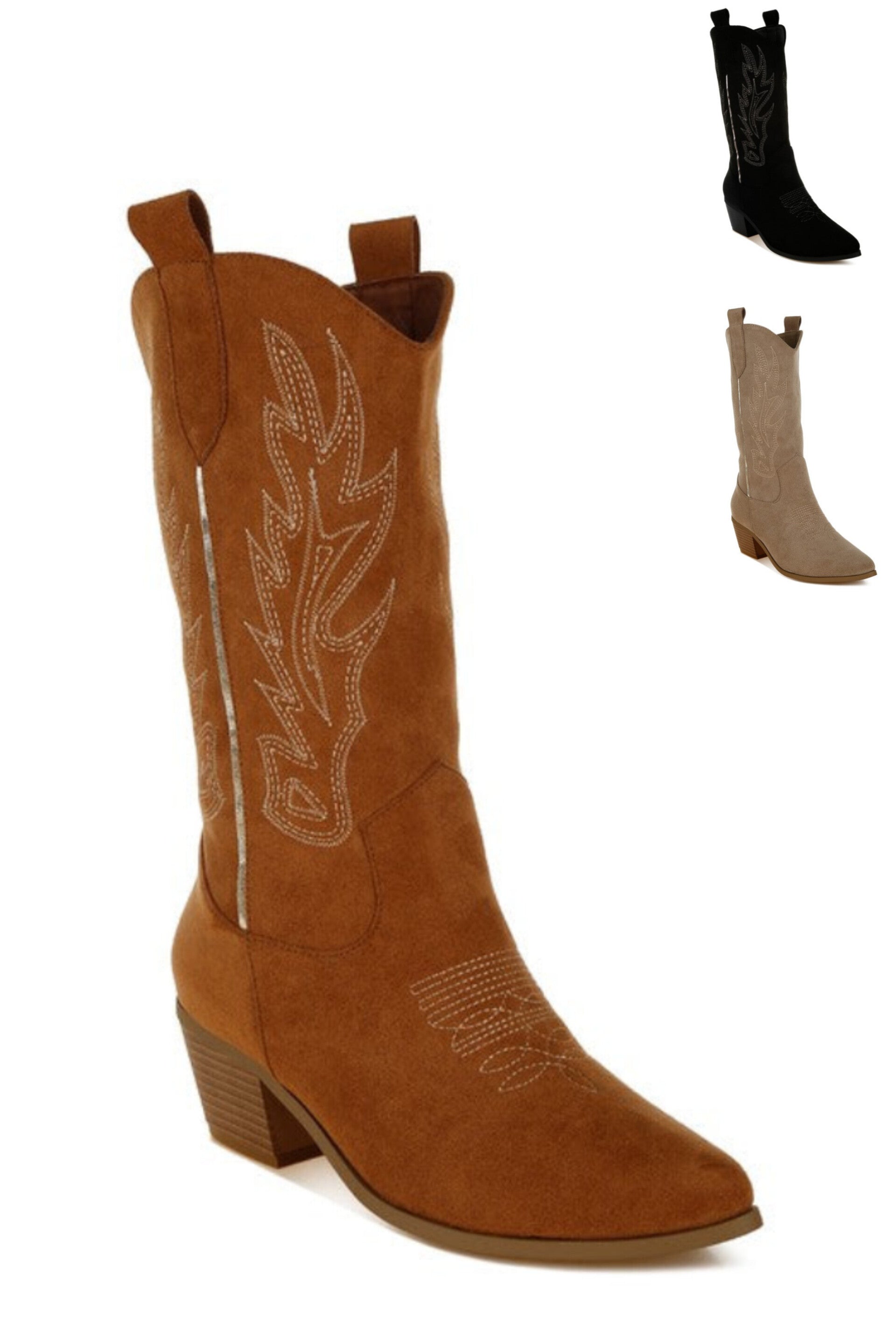 Metallic Detail Embroidery Cowboy Boots in Tan, Black, & Beige