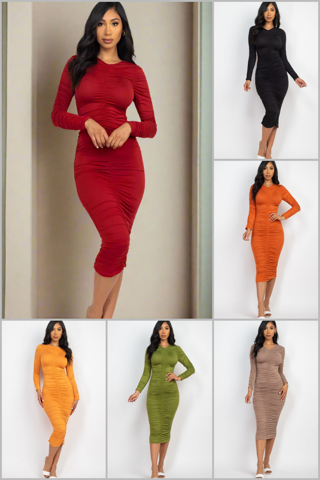 Sculpted Elegance Ruched Midi Dress in a Variety of Colors