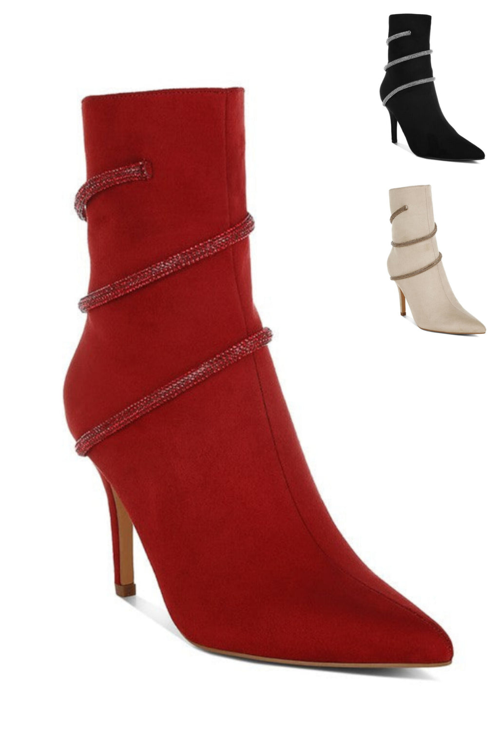 It's a Wrap Rhinestone Wrap Stiletto Boots in Red, Black, & Beige