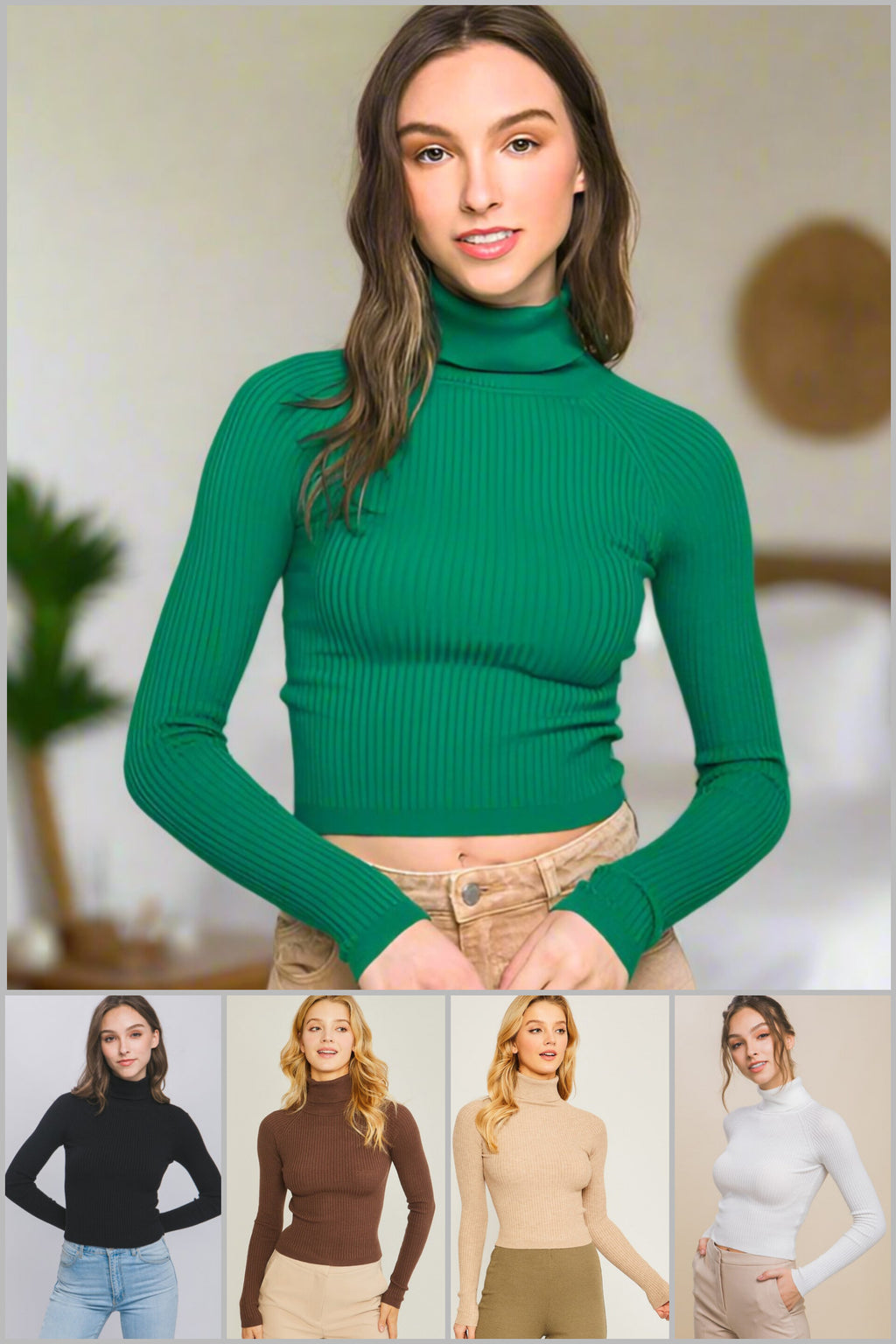 Cropped Contour Turtleneck Ribbed Top in Green, Black, Brown, Oatmeal & Ivory