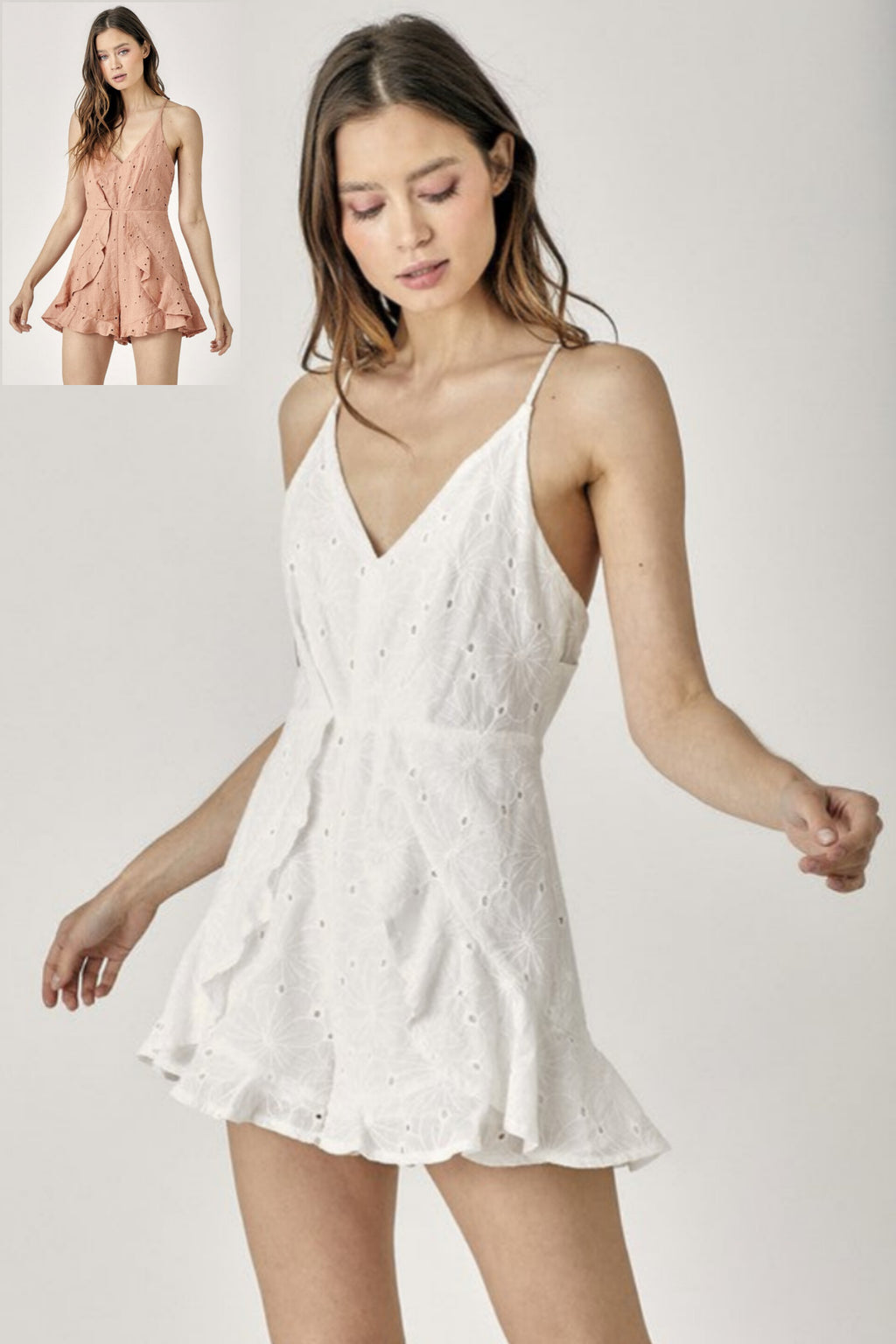 Ruffles & Eyelet Lace Romper in White & Baked Salmon