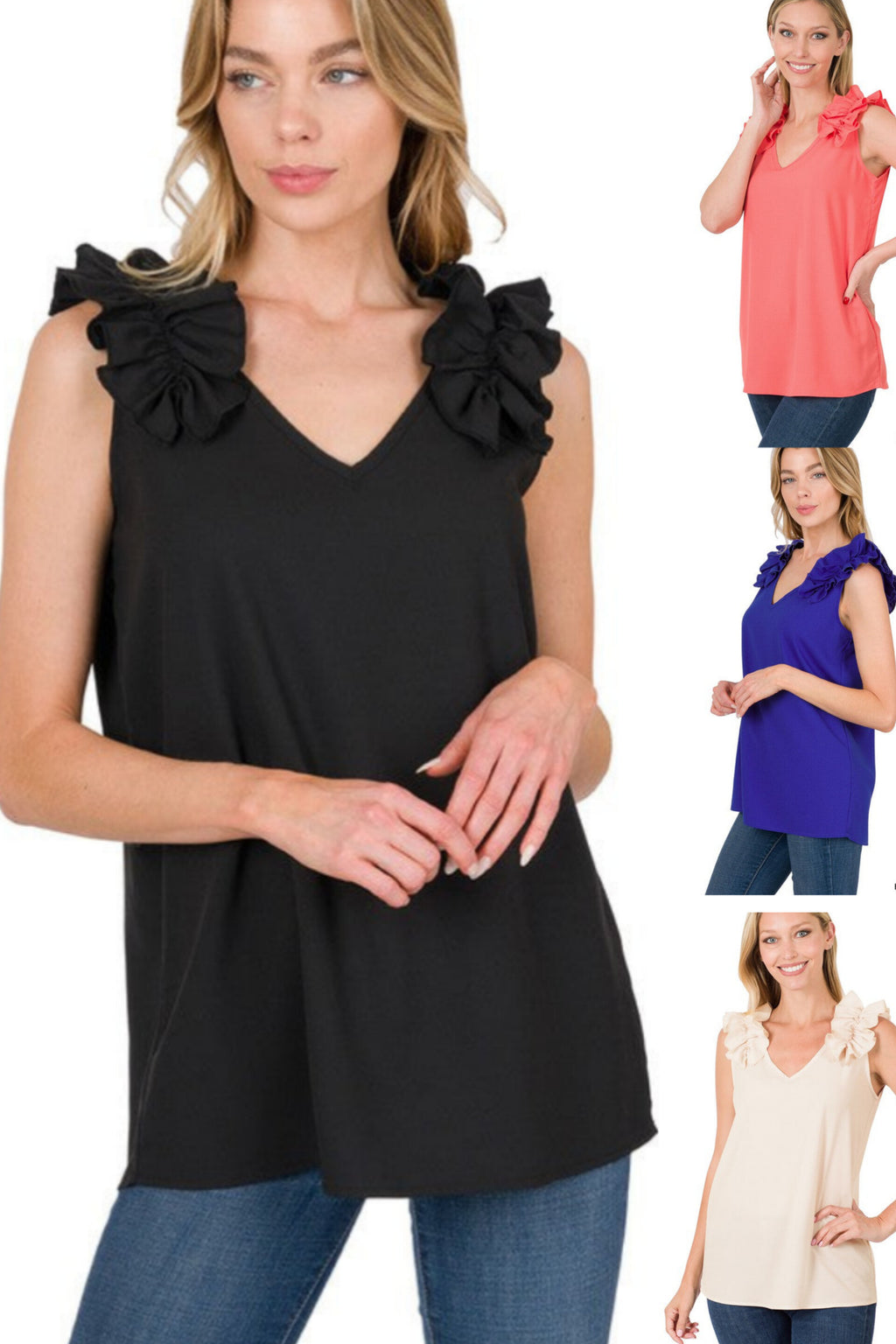 So Feminine Sleeveless Ruffle Trim Top in Black, Deep Coral, Bright Blue & Sand Beige