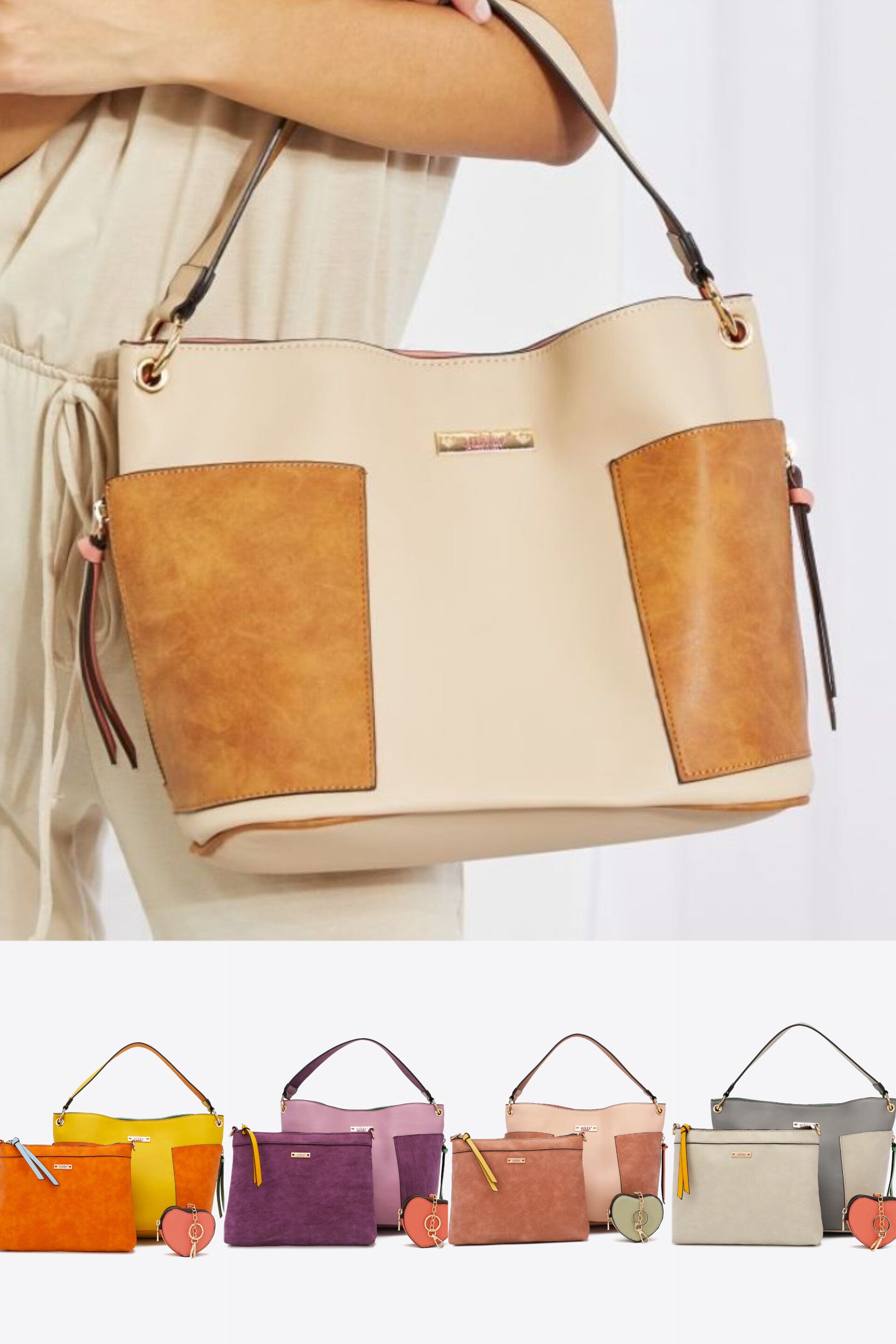Sweetheart Handbag Set in Beige, Mustard, Lavender, Dusty Pink & Mid Gray