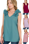 So Feminine Sleeveless Ruffle Trim Top in Dusty Teal, Cabernet, Light Rose, & Dusty Lavender