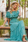 Malani Off The Shoulder Ruffle Maxi Dress in Sage & Off-White