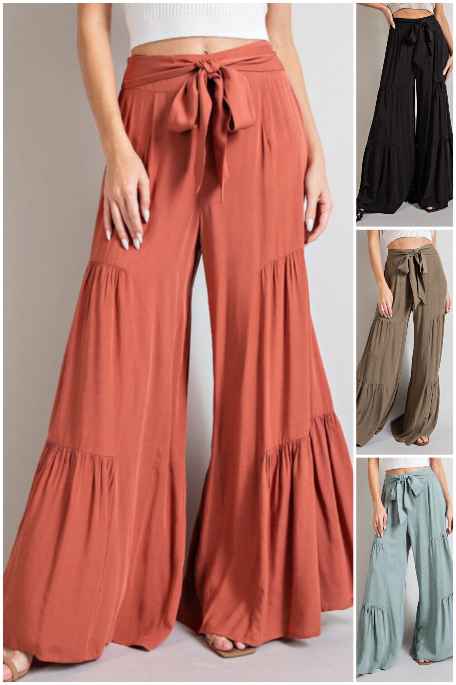 Kaila Tiered Wide Leg Pants in Terracotta, Black, Olive & Mint