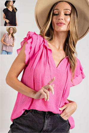 Finley Tiered Ruffle Sleeve Blouse in Bubble Gum, Black & Mauve