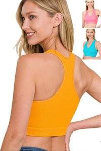 Lily Ribbed Cropped Racerback  Tank Top in Yellow Gold, Bright Pink, & Ice Blue