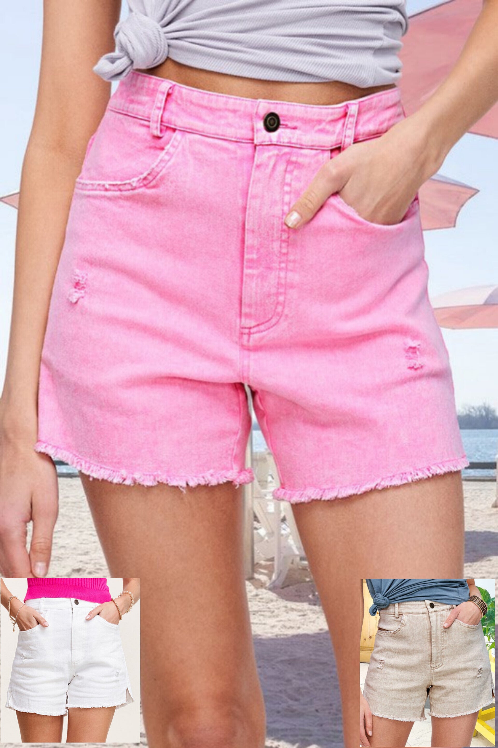 Summer Denim Shorts in Candy, White & Sand