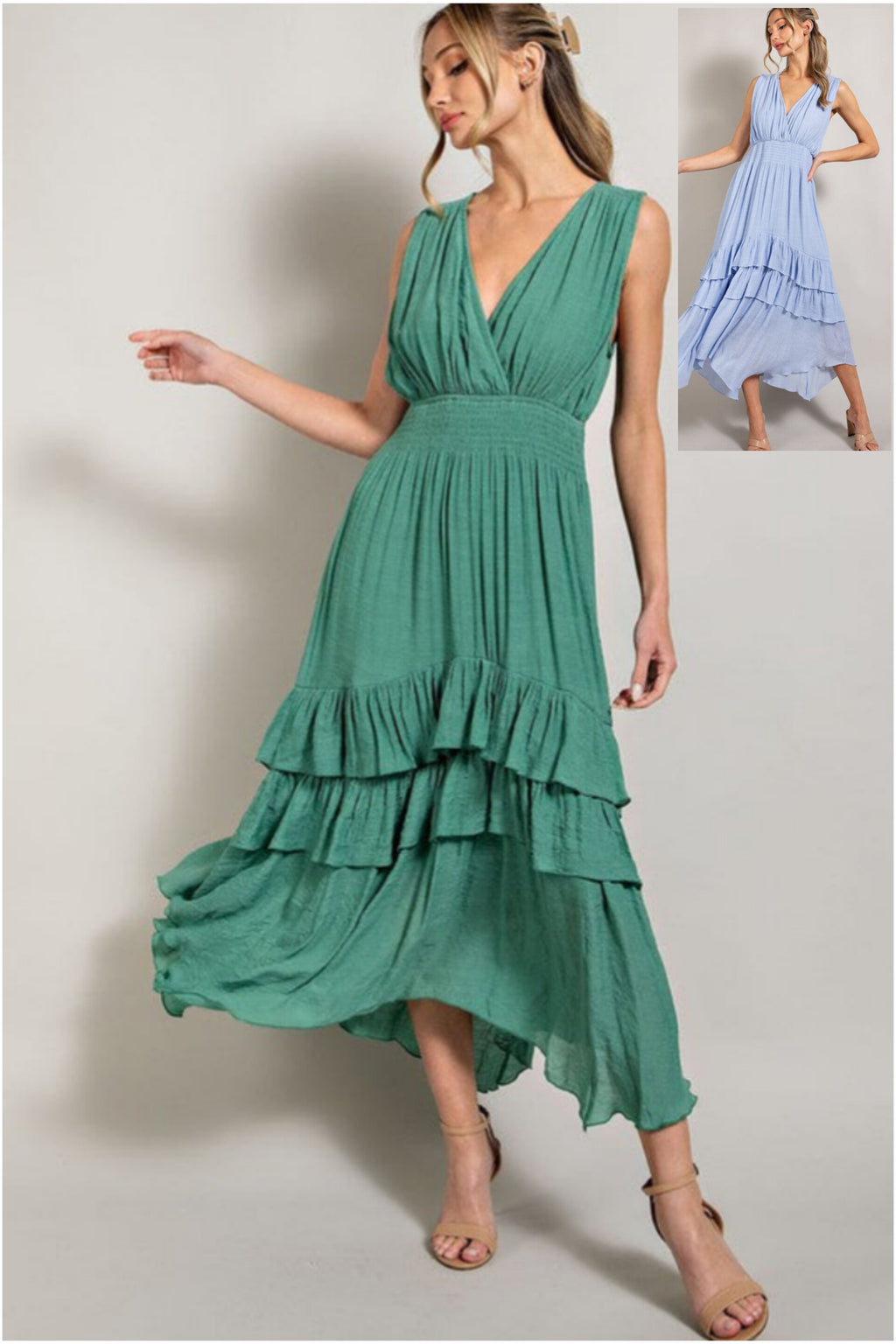 Zamara V-Neck Ruffle Maxi Dress in Sage & Chambray