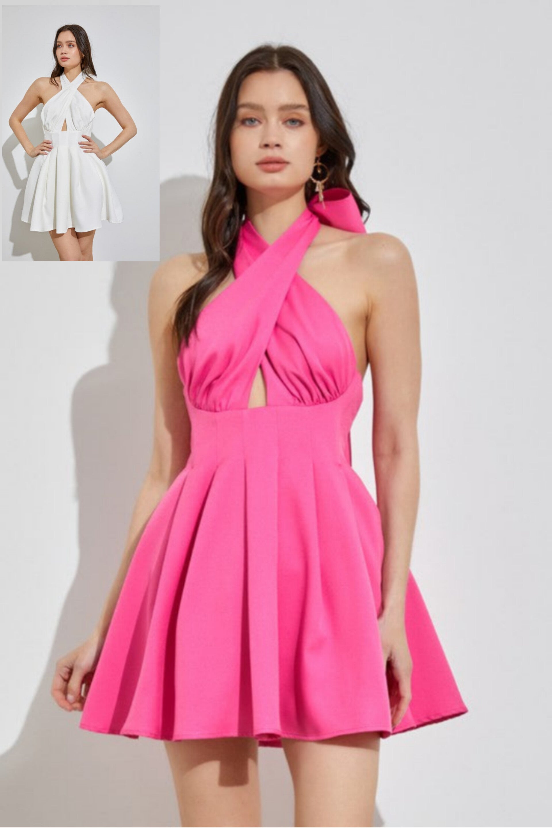 Nevaeh Cross Halther Dress in Bright Fuchsia & White