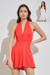 Enticing Open Back Halter Neck Romper in Coral Red & White