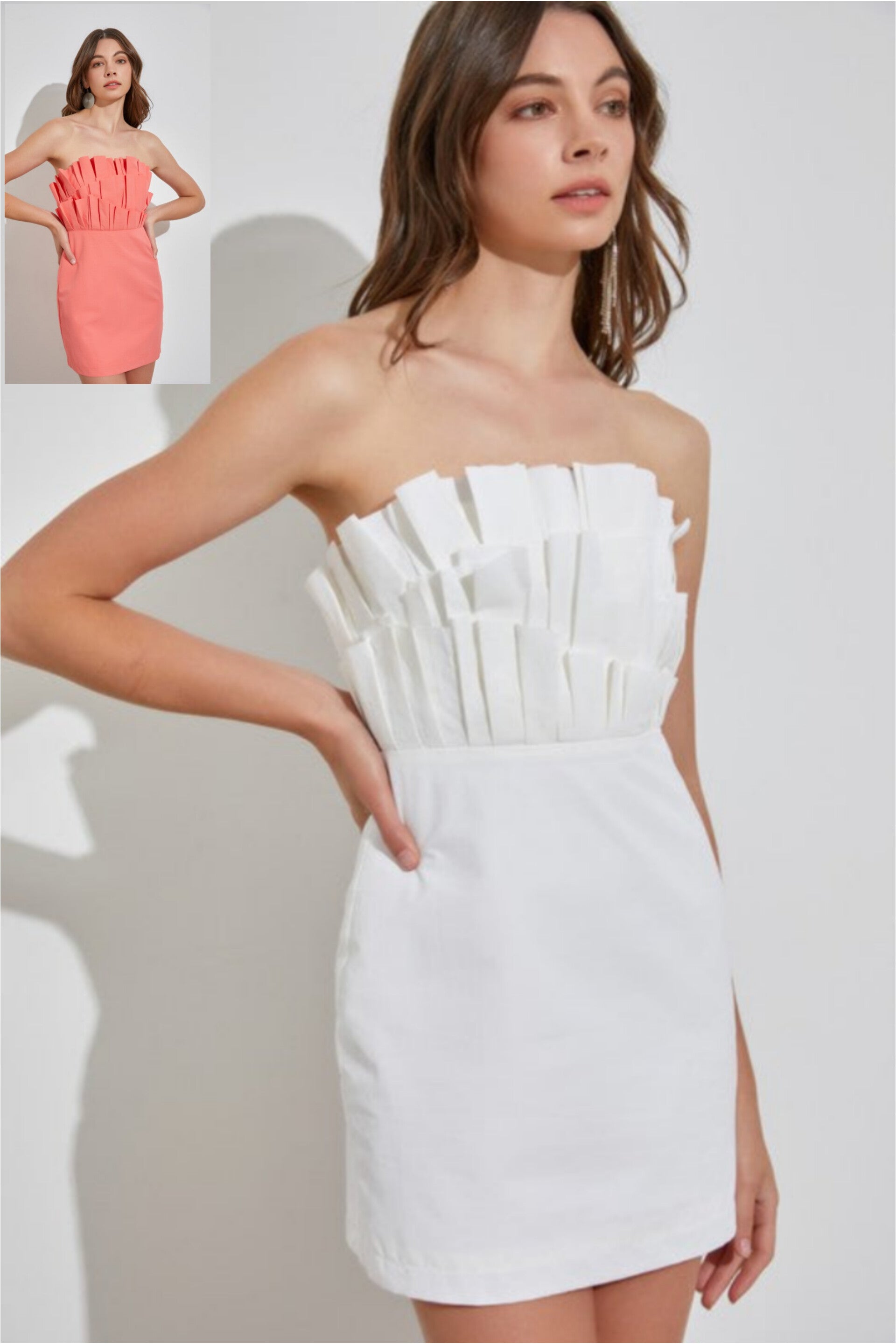 Structured Ruffles Strapless Mini Dress in White & Coral