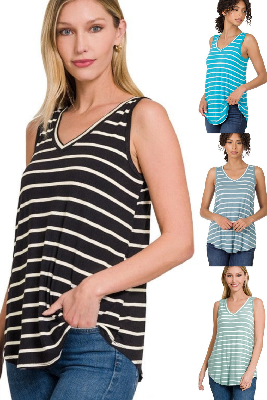 Striped V-Neck Tank in Black, Ice Blue, Blue Grey, & Light Green