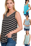 Striped V-Neck Tank in Black, Ice Blue, Blue Grey, & Light Green