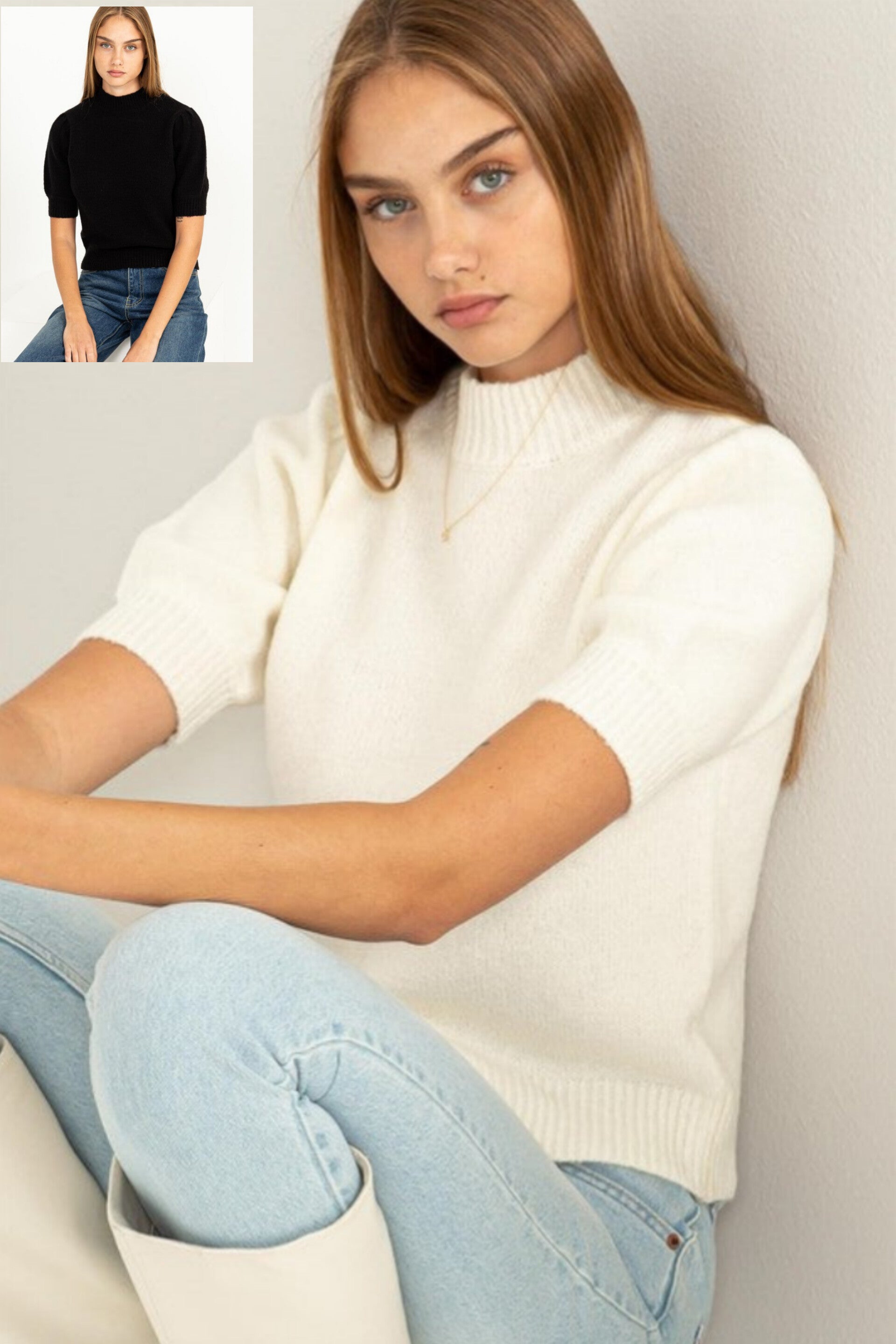 Cynthia Puff Sleeve Sweater Top in Cream & Black