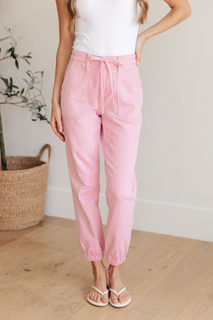 Playful High Rise Denim Joggers in Pink