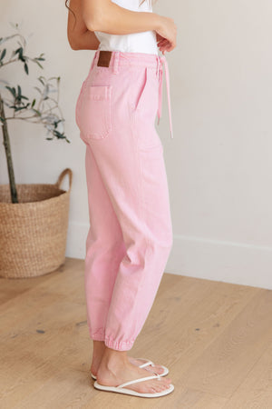 Playful High Rise Denim Joggers in Pink