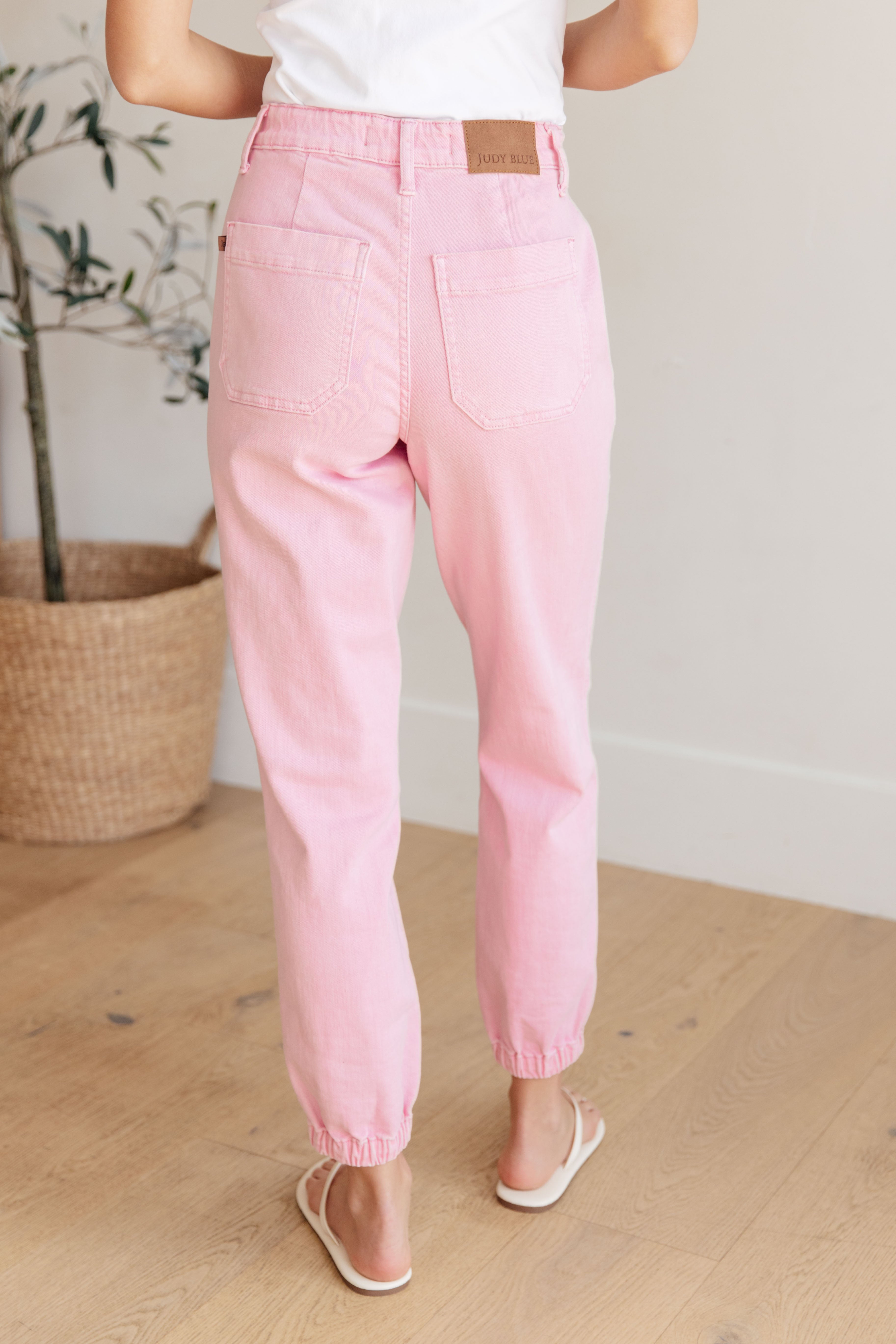 Playful High Rise Denim Joggers in Pink