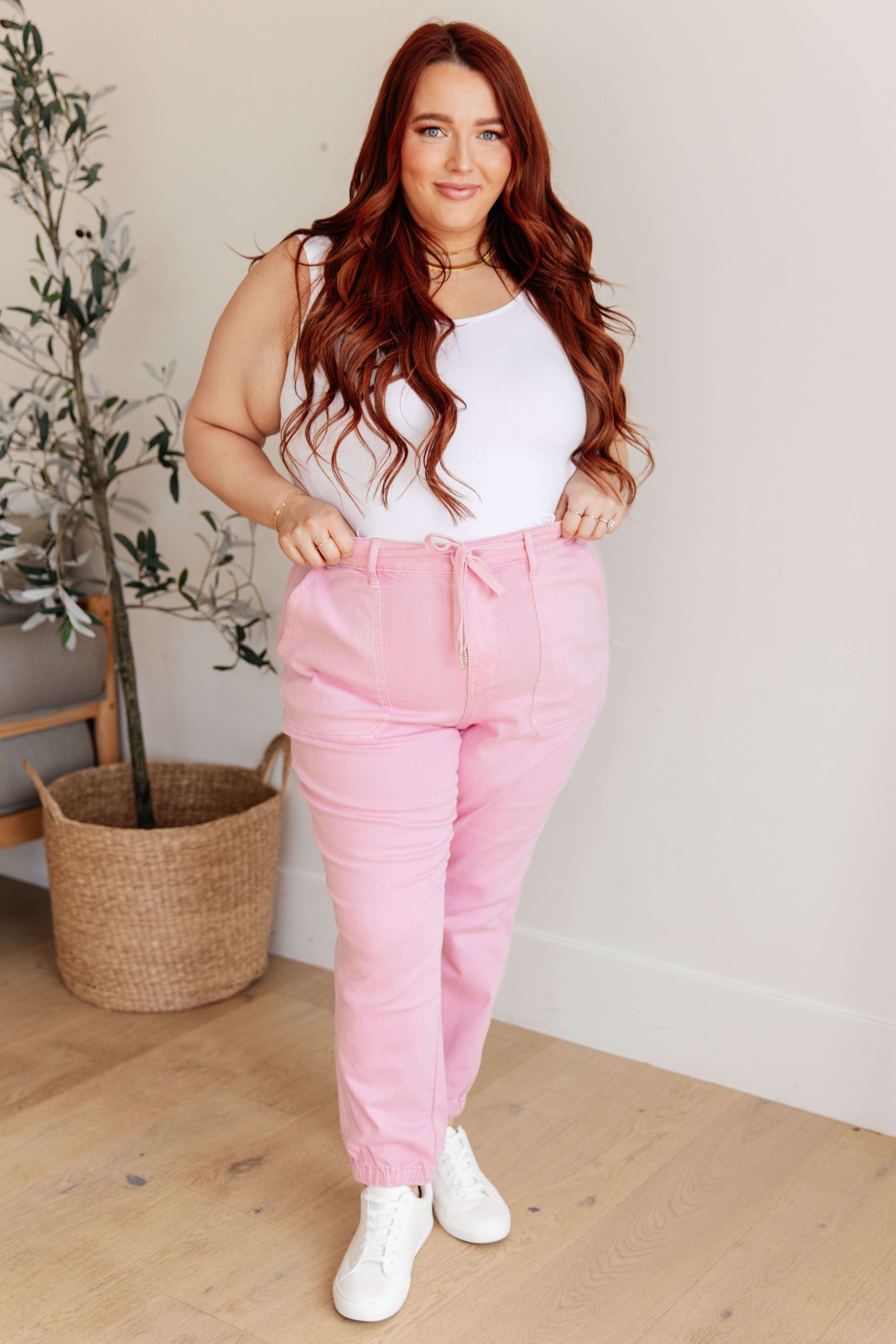 Playful High Rise Denim Joggers in Pink