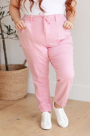 Playful High Rise Denim Joggers in Pink