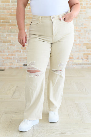 Justine High Rise Distressed Straight Jeans in Bone