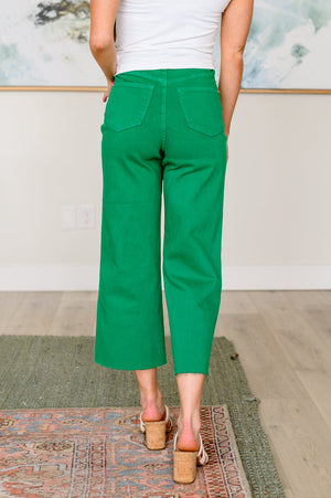 Elize High Rise Tummy Control Cropped Wide Leg Jeans in Kelly Green