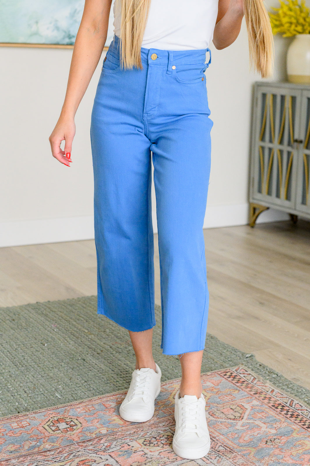 Elize High Rise Tummy Control Cropped Wide Leg Jeans in Sky Blue