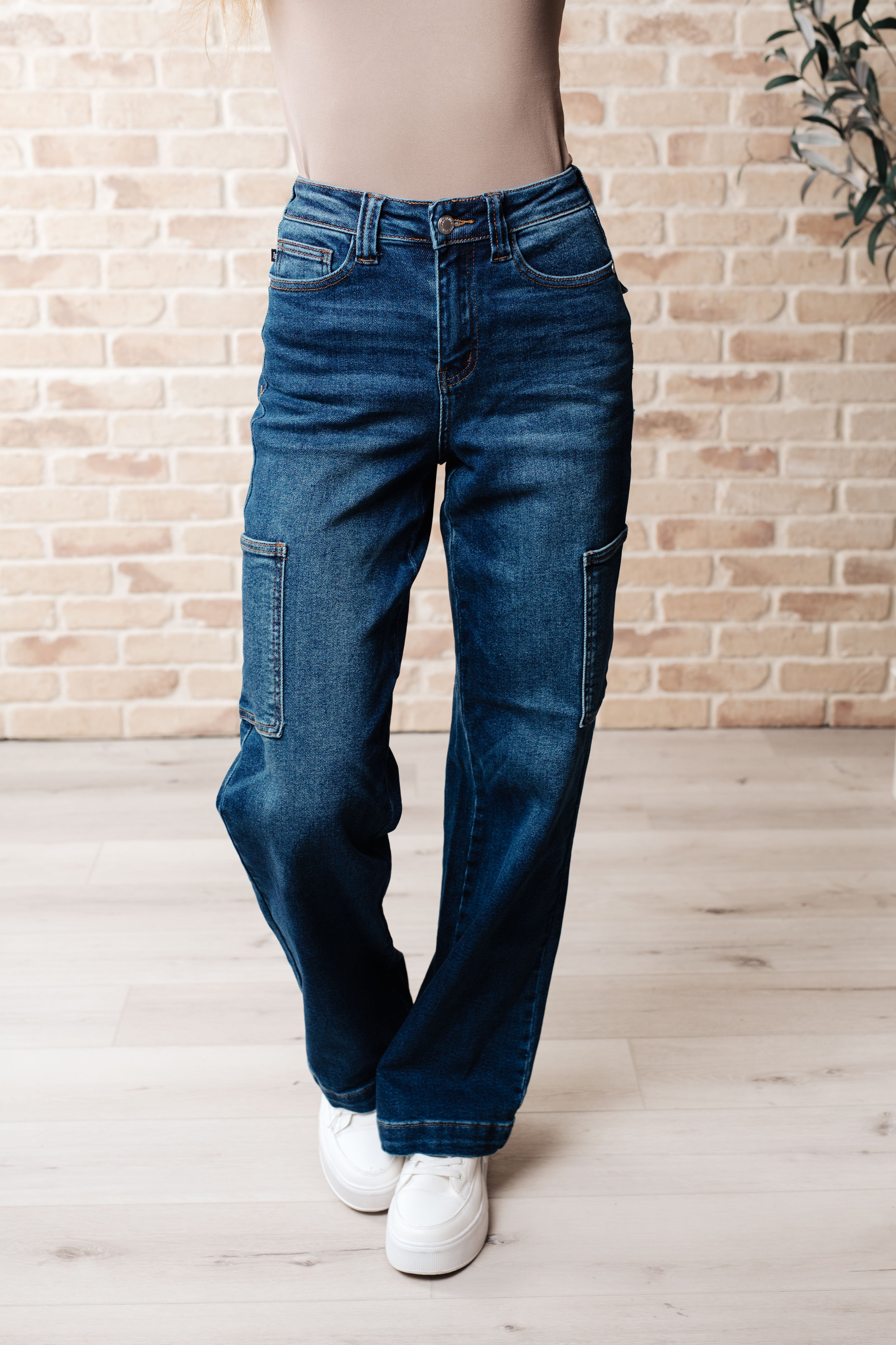 Cargo Style High Rise Straight Jeans in Dark Wash