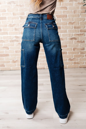 Cargo Style High Rise Straight Jeans in Dark Wash