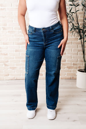 Cargo Style High Rise Straight Jeans in Dark Wash