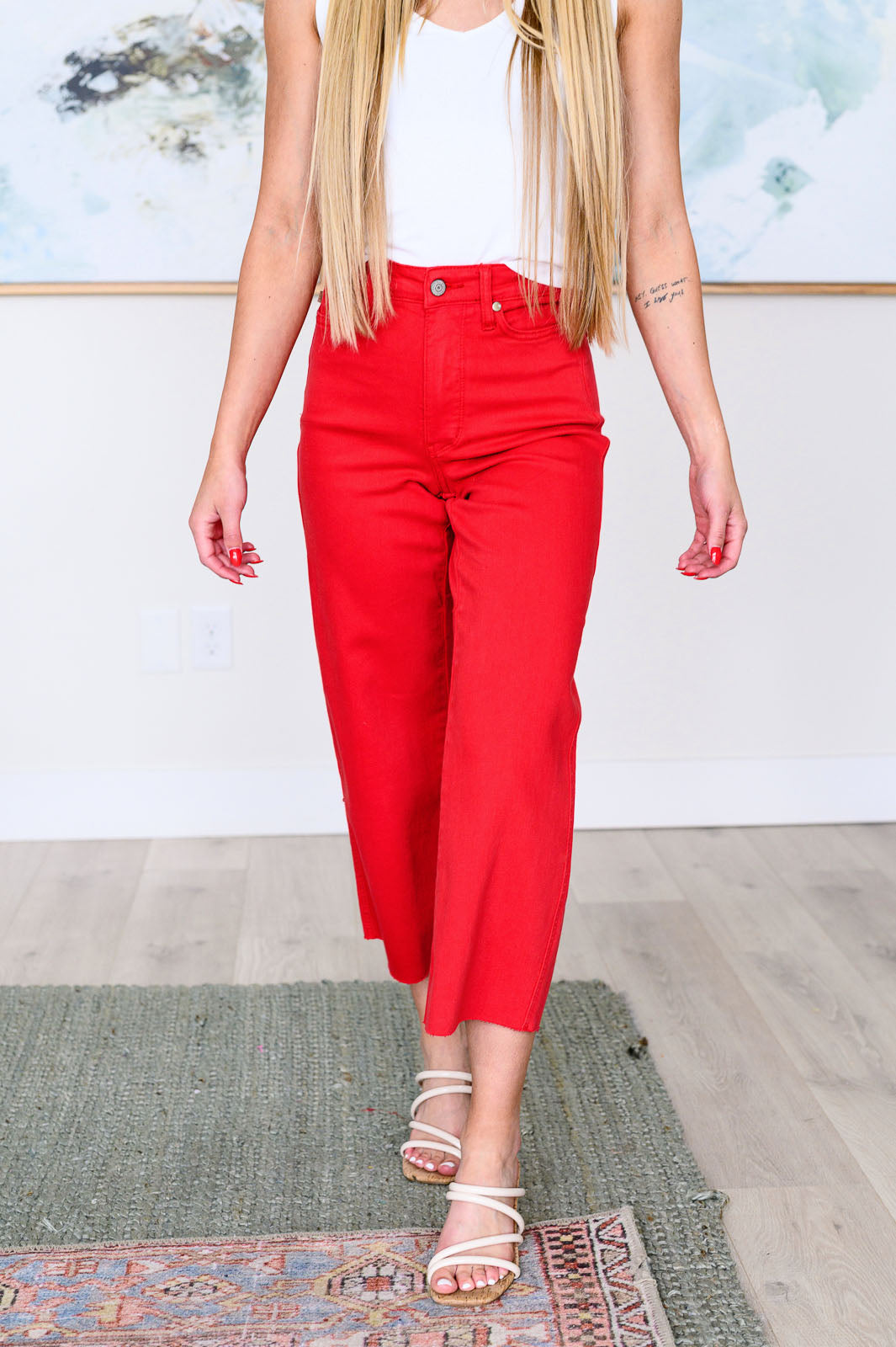 Elize High Rise Tummy Control Cropped Wide Leg Jeans in Red