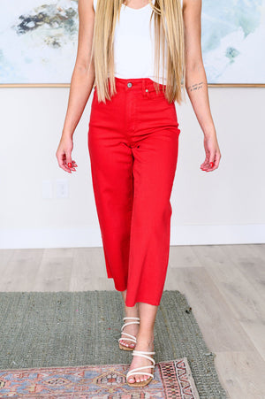 Elize High Rise Tummy Control Cropped Wide Leg Jeans in Red