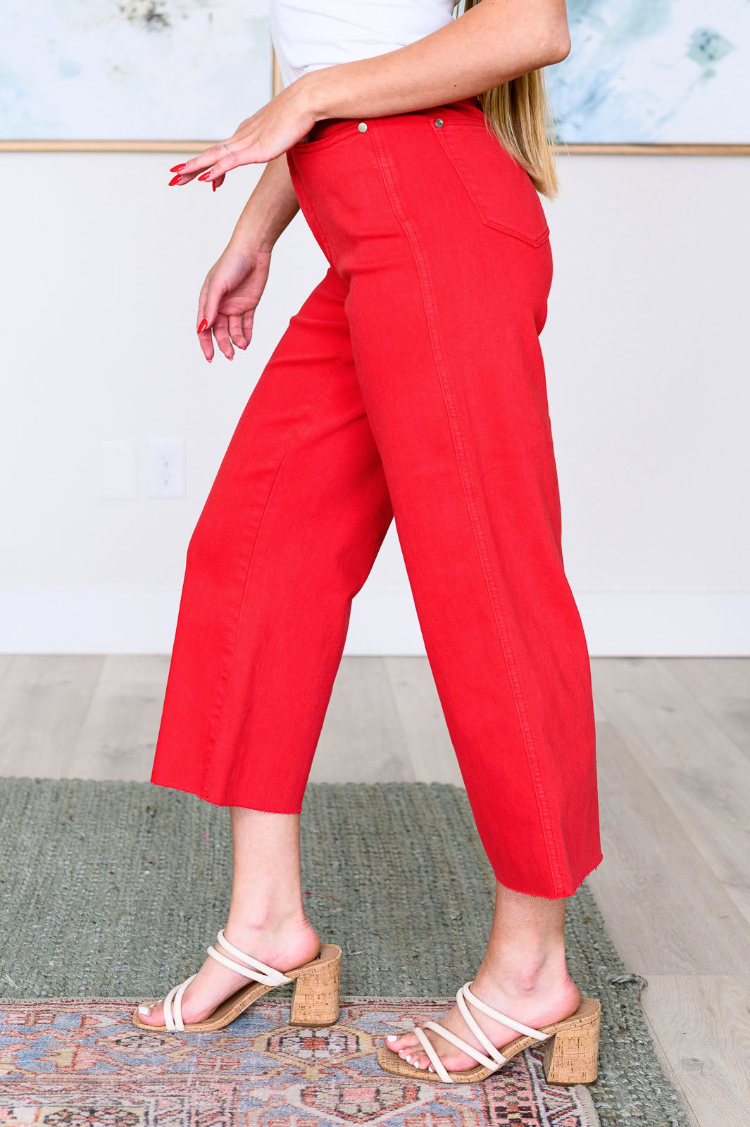 Elize High Rise Tummy Control Cropped Wide Leg Jeans in Red