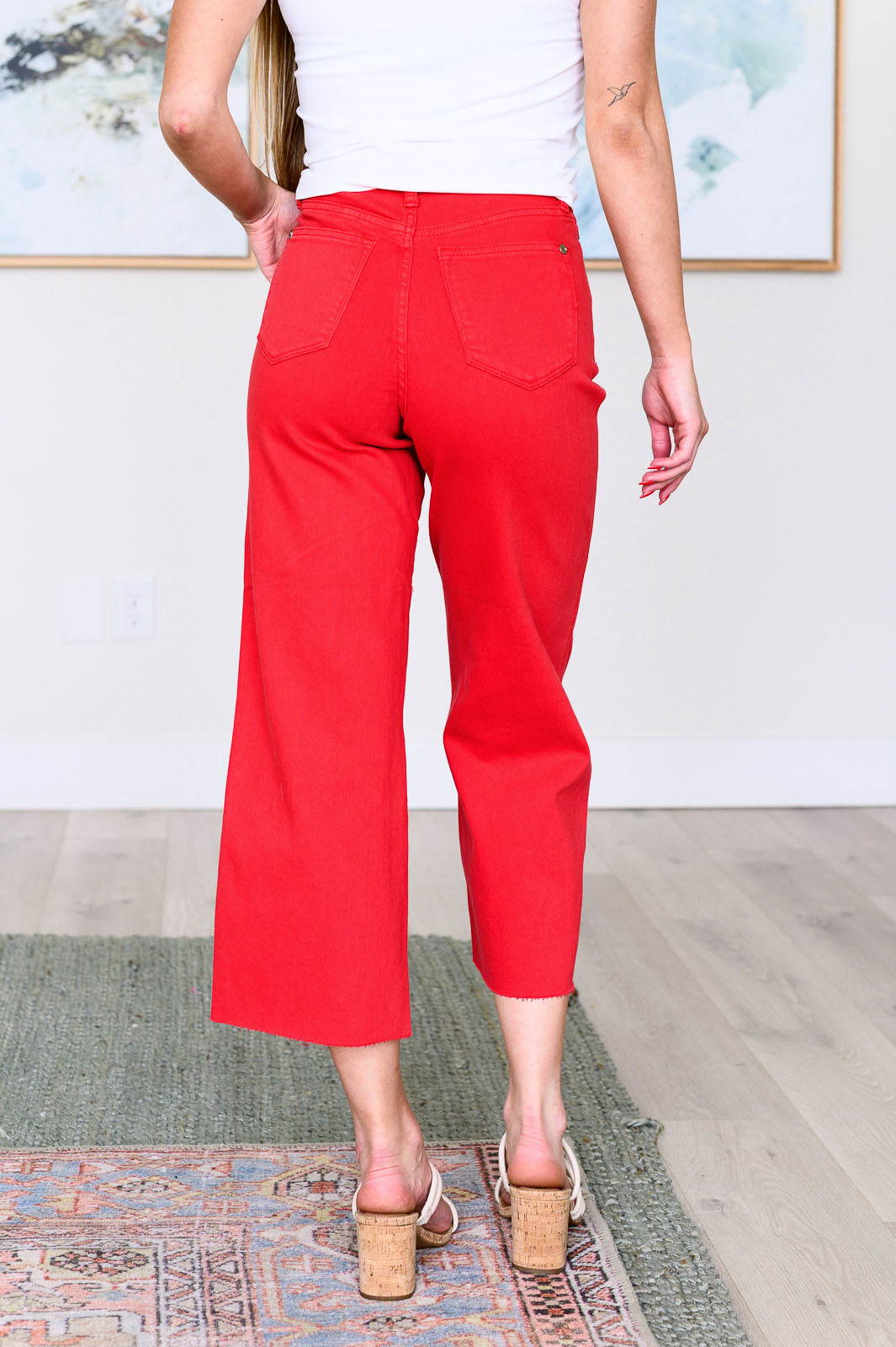 Elize High Rise Tummy Control Cropped Wide Leg Jeans in Red