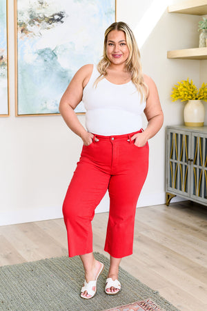 Elize High Rise Tummy Control Cropped Wide Leg Jeans in Red