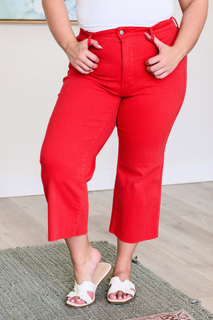 Elize High Rise Tummy Control Cropped Wide Leg Jeans in Red