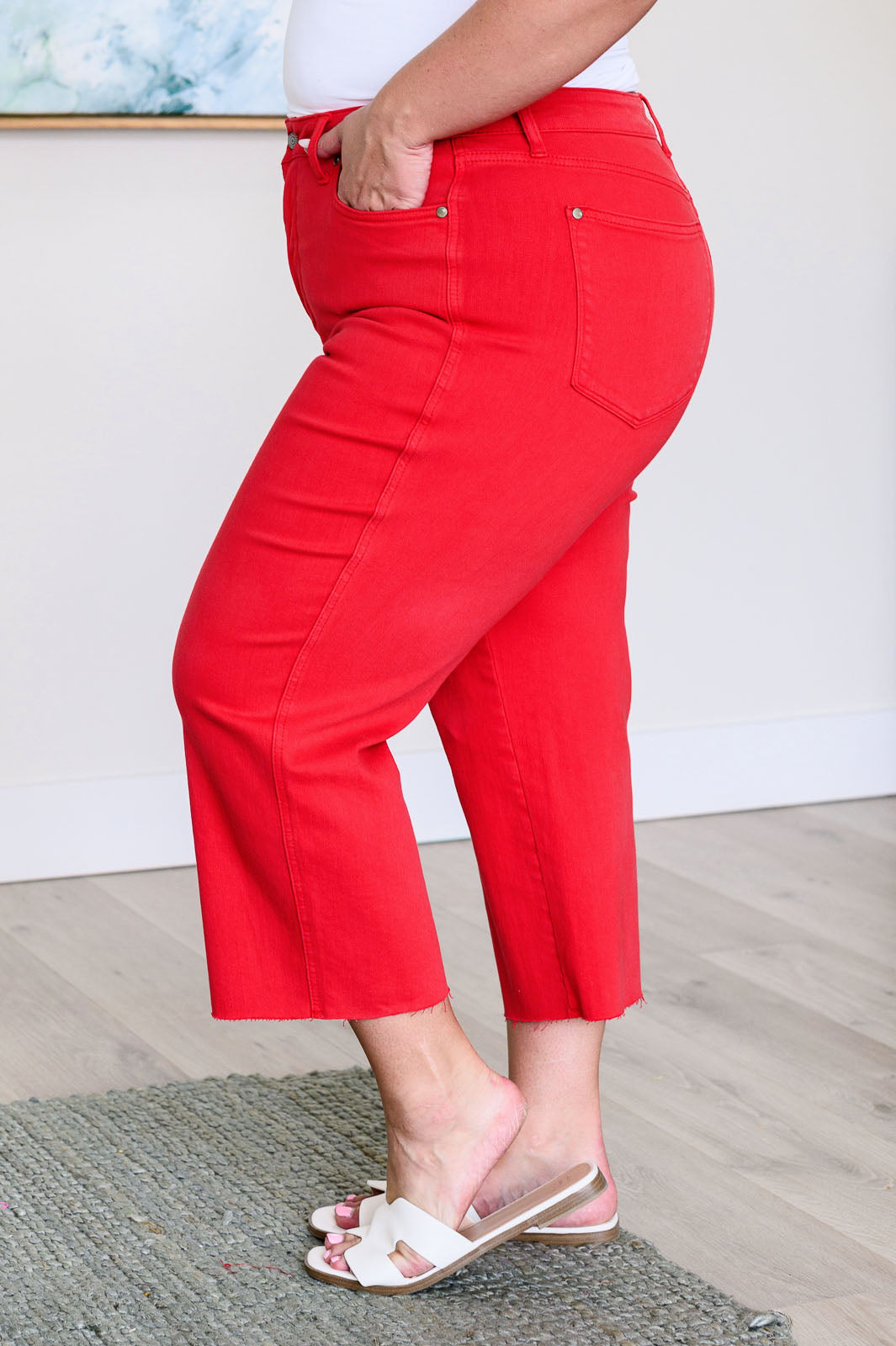 Elize High Rise Tummy Control Cropped Wide Leg Jeans in Red