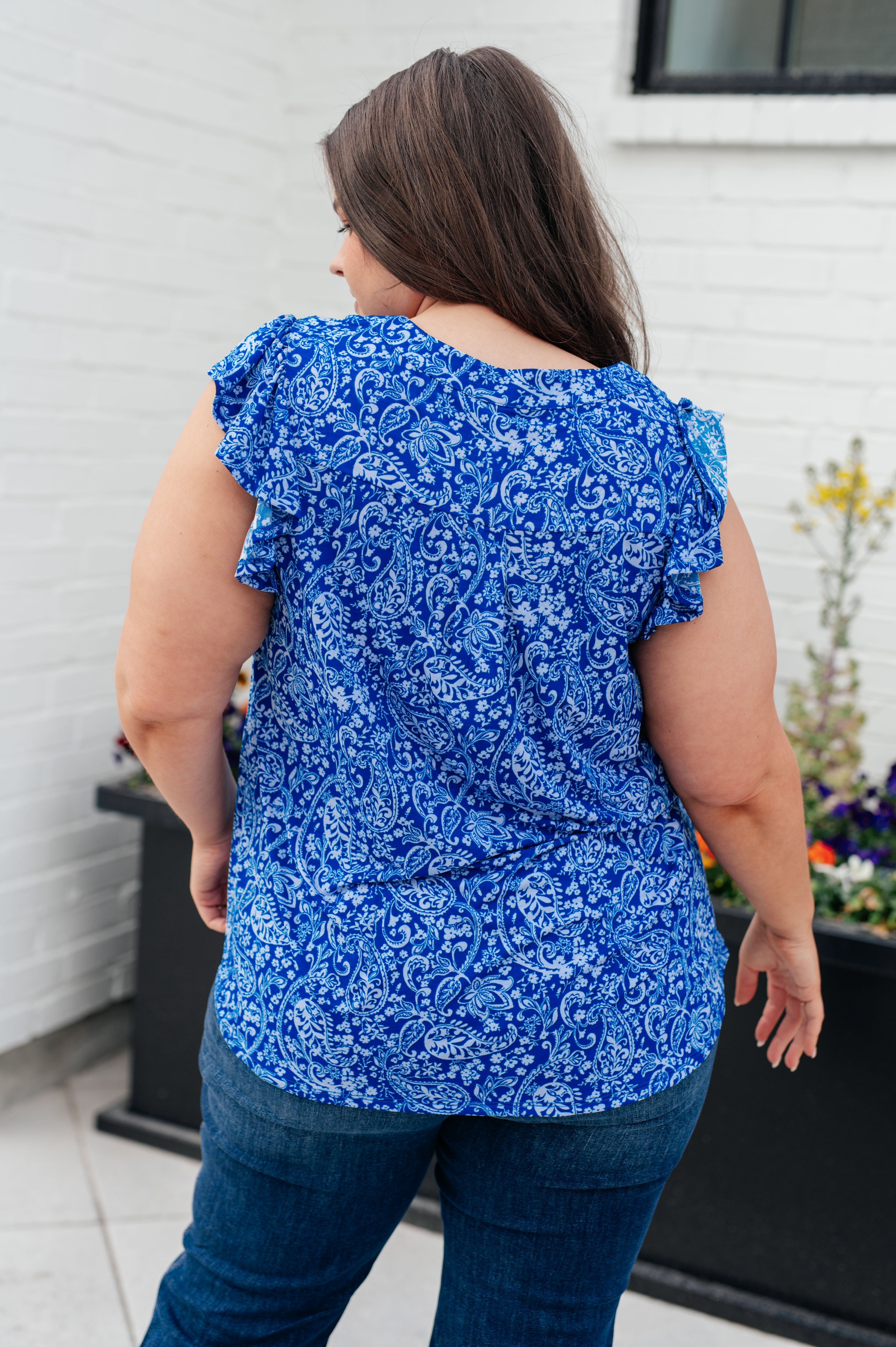 Flutter Sleeve Paisley Print Top in Royal Blue & White