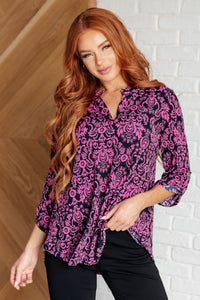 Velora Top in Hot Pink & Navy Damask