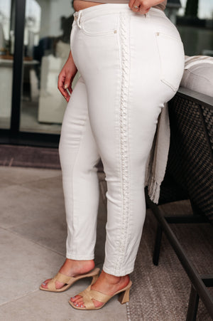 Blanca Mid Rise Braided Side Seam Relaxed Jeans in Wite