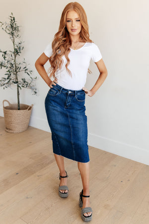 Aleska High Rise Denim Midi Skirt in Dark Wash