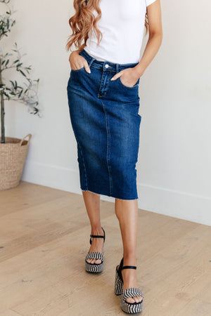 Aleska High Rise Denim Midi Skirt in Dark Wash