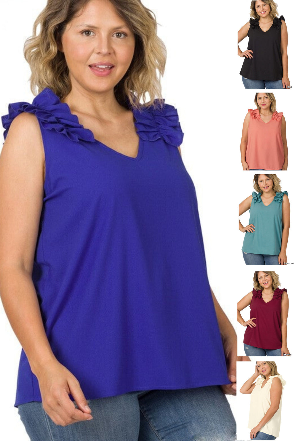 So Feminine Sleeveless Ruffle Trim Top in Plus in Black, Ash Rose, Bright Blue, Dusty Teal, Cabernet & Cream